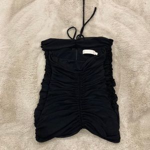 Meshki strapless black mesh ruched midi dress